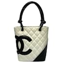 Chanel Cambon Ligne Bolsa Tote Acolchoada Preta Bolsa Tote De Couro Em Muito Bom Estado