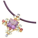 Jeunet K 18Collier broche YG avec cuir , améthyste, Zoisite , Bleu vert, et tourmaline rose (améthyste 4.43ct) - Magnifique accessoire violet pour femme en excellent état - & Other Stories