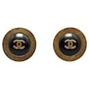 Chanel Vintage Coco Mark Button Motif Earrings Black Gold in Very Good Condition