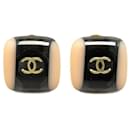 Chanel Coco Mark Square Earrings Black Gold Plastic in Very Good Condition