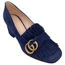 Gucci Navy Blue / Antiqued Gold Marmont Fringed GG Mid-Heel Suede Loafer Pumps