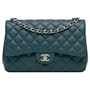 Borsa a Spalla Blue Chanel Jumbo Classic in Pelle di Agnello con Doppio Patta