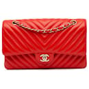 Bolsa de Ombro Chanel Medium Classic Chevron em Couro de Cordeiro Laranja com Dupla Aba