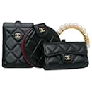 Black Chanel Lambskin Pearl Crown CC Wristlet Multi Pouches Clutch Bag