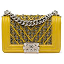 Gelbe Chanel Small Tweed- und Lammleder Chevron Boy Flap Umhängetasche