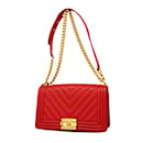 Chanel Boy V Stitch Chain Shoulder Bag in Red Caviar Leather