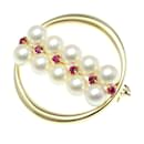 Broche en or jaune 14K avec diamants et rubis Mikimoto