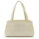 Bolsa tote branca de pele de caviar Chanel