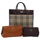 BURBERRY PRADA Nova Check Hand Bag Canvas Leather 3Set Beige Brown Auth 76729 - Burberry