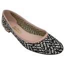 Salvatore Ferragamo Black / White / Blush Pink Woven Leather Ballet Flats