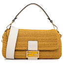 Yellow Fendi Crochet Raffia Baguette Satchel