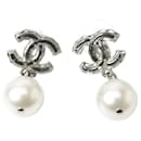 Chanel Silver Pearl Drop Earrings