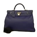 Sac à main Hermes Kelly 50 D en Taurillon gravé Biyo Bleu Électrique - Hermès