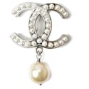 Chanel Silver Pin Brooch with Rhinestones and Pearls