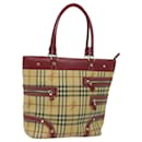 BURBERRY Nova Check Tote Bag PVC Leather Beige Wine Red Auth 80860 - Burberry