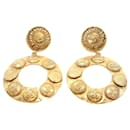 Gold Chanel Gold Plated Sun Coin Medallion Motif Hoop Drop Earrings