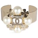 Chanel 2022 Faux Pearl & CC Clover Cuff Gold Plated  Bracelet