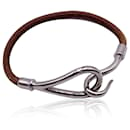 Hermes Light Brown Leather Silver Metal Jumbo Hook Bracelet - Hermès