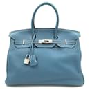 Sac à main Hermès Birkin 35 en cuir Taurillon Clemence bleu