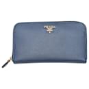 Navy Prada Saffiano Leather Zip Wallet