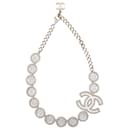 White Gold Chanel Plated Faux Pearl & Crystal CC Necklace