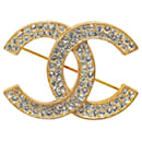 Gold Chanel Gold Plated CC Rhinestone Brooch