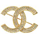 Gold Chanel Gold Plated CC Rhinestones Brooch