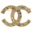 Gold Chanel Gold Plated CC Rhinestone Brooch