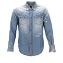 Saint Laurent Distressed Denim Shirt in Blue Cotton