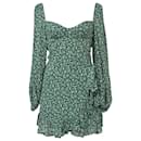 Reformation Ruffled Cammi Floral Print Mini Dress in Green Viscose