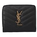 Saint Laurent Cassandre Matelassé Compact Zip Around Wallet In Grain De Poudre Leather Black