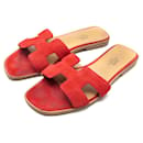 HERMES ORAN H221208Z 37 SANDALS MULES SUEDE RED + BOX SHOES - Hermès