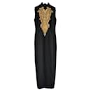 Man Lou Lan Gold Embellished Black Crepe QiPa Cheongsam Dress - Autre Marque