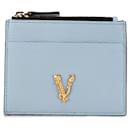 Blue Versace Leather Virtus Logo Card Holder