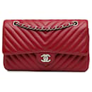 Bolsa de Ombro Chanel Medium Classic Chevron Caviar Double Flap Vermelha