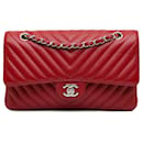 Bolsa de Ombro Chanel Medium Classic Chevron Caviar Double Flap Vermelha