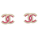 NINE CHANEL STUD EARRINGS CC LOGO STRASS & PINK ENAMEL - Chanel