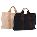 HERMES Hand Bag Canvas 2Set Navy Beige Auth ti1907 - Hermès