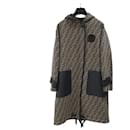 Fendi Black Brown Logo Print Wool Fur Trim Coat - Chanel