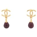 NINE CHANEL CC LOGO DROP EARRINGS WITH BORDEAUX PEARLS - Chanel