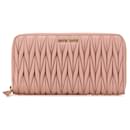 Pink Miu Miu Matelasse Zip Around Lambskin Leather Wallet