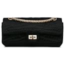 Black Chanel Reissue 2.55 Croc Stitched Satin East West Double Flap Shoulder Bag