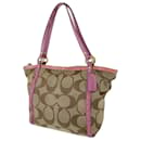 Coach Signature Brown Pink Leather Canvas Tote Shoulder Bag