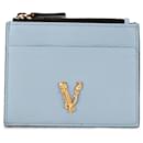 Porte-cartes en cuir bleu Virtus avec logo Versace