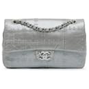 Chanel Argent Moyen Cuir de Veau Verni Embelli de Grommets Double Rabat Airline