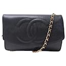 VINTAGE SAC A MAIN CHANEL WALLET ON CHAIN LOGO CC CUIR CAVIAR NOIR BAG WOC - Chanel