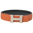 Hermès Brushed Palladium Plated Constance H Belt in Orange Clemence Leather