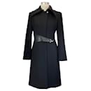 Versace Classic Black Leather Trimmed Wool Coat