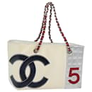 CHANEL Choco Bar Chain Tote Bag Canvas White CC Auth 77804 - Chanel