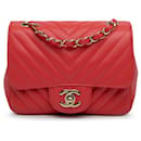 Red Chanel Mini Square Classic Lambskin Chevron Flap Crossbody Bag